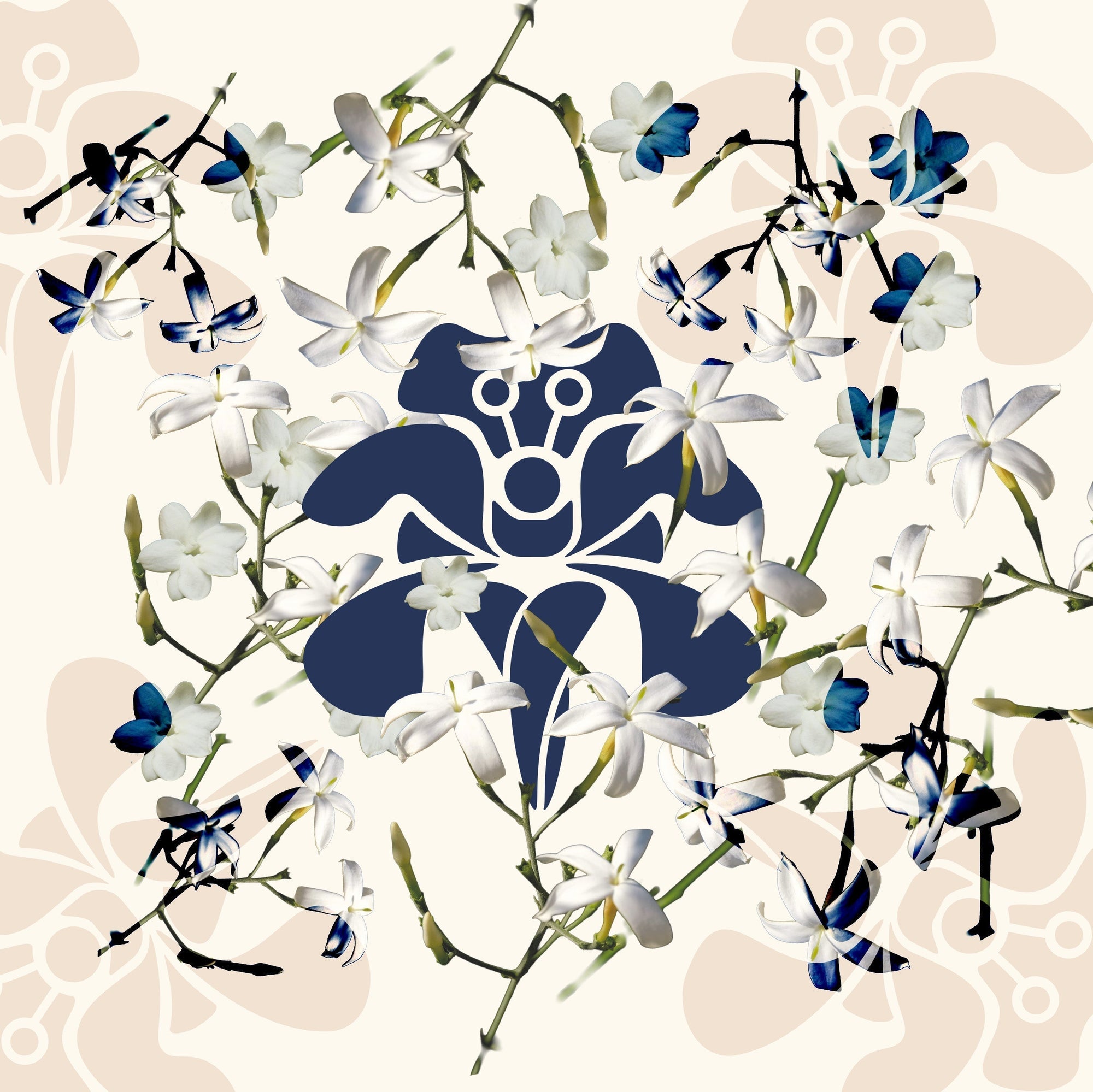 Jasmijn bloemen met een detail uit de twillies en sjaals van Ottimare in donkerblauw.