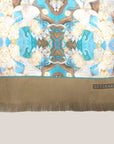 Satin Tencel scarf Ottimare designed after the painting Thangka dancers in blue and beige gold colors. Handmade with fringe in the Netherlands