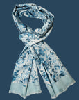 Ottimare Thangka scarf in cyanotype blue colors with a fringe in light blue