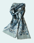 Ottimare Thangka scarf in cyanotype blue colors with a fringe in light blue handmade in the Netherlands