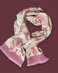 Sustainable satin Tencel lyocell scarf in burgundy and pink colors with a handmade fringe. Dutch design from Ottimare in the Netherlands