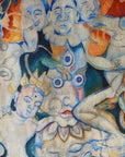 Ottimare sjaal in ecologisch tencel satijn met Tangka dansers in sienna en blauw naar schilderij van kunstenares Marloes Otten. Handgemaakt in Nederland. Detail van de stof