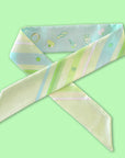 Backside of Ottimare Twilly scarf from Tencel in lime and light aqua blue with one-liner shoes and stripes. Handmade in the Netherlands.