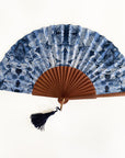 Ottimare handfan on a Spanish artisan wooden frame. The fabric shows thangka dansers in cyanotype color.