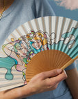 Hand-painted silk fan - Sisters - Spanish wooden frame - Aqua Bright Pastel