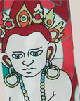 Detail van small sjaal van Ottimare in koraal rood roze en oranje met Thangka dansers