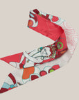 Scarf with dancers Ottimare in coral. Sjaal met Thangka dansers en oranje en groene accenten.