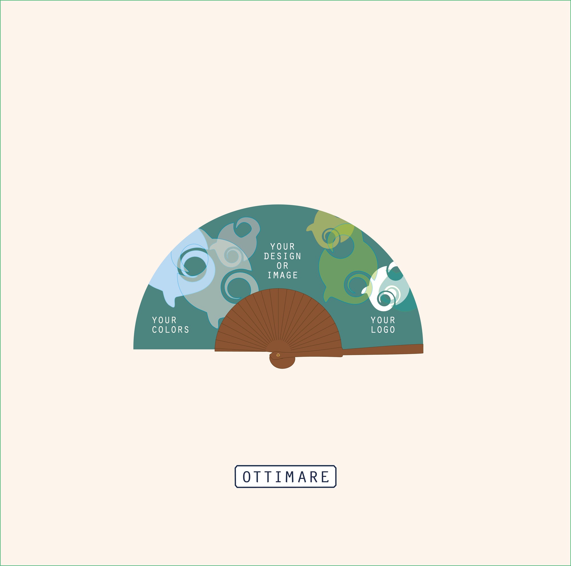Voorbeeld van een waaier op maat van Ottimare. Maak uw waaier uniek met uw kleuren, uw logo , uw foto of uw ontwerp. Groene waaier op houten frame.