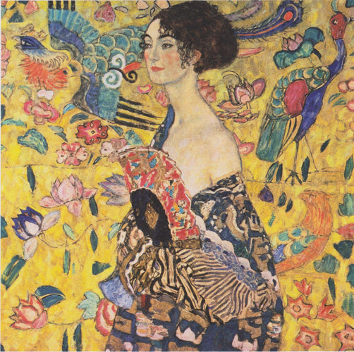 Image of woman with fan on an oil painting by Gustav Klimt