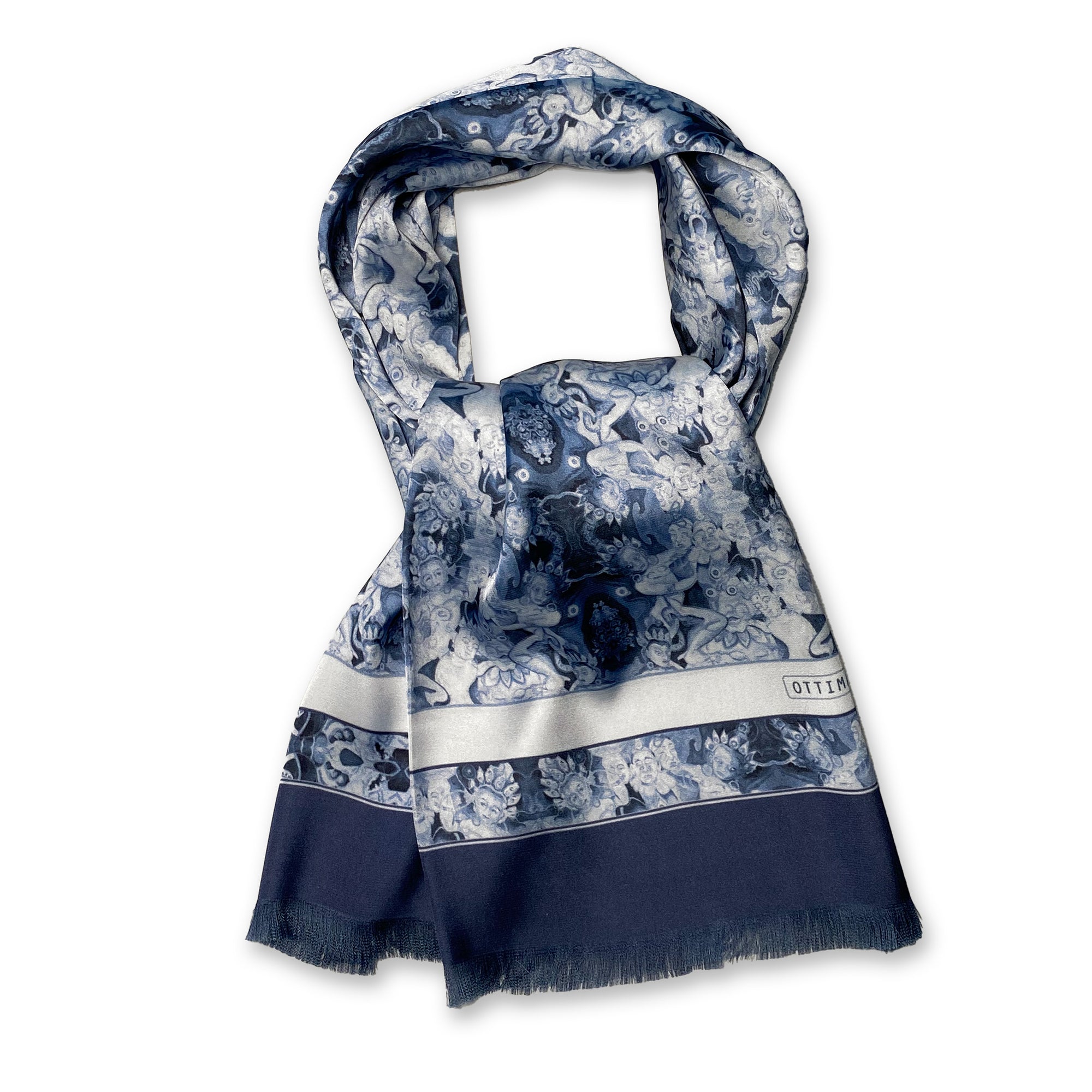 Exclusive Ottimare scarf The Leo for men and woman in circular satin in cyanotype blue colors. Handmade in the Netherlands, with a fringe in the dark blue border. 