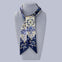 Navy and future blue and white patterned Ottimare twilly scarf on a mannequin. The ribbon tie has yellow accents and is handmade from sustainable eco twill in Made and designed in The Netherlands.