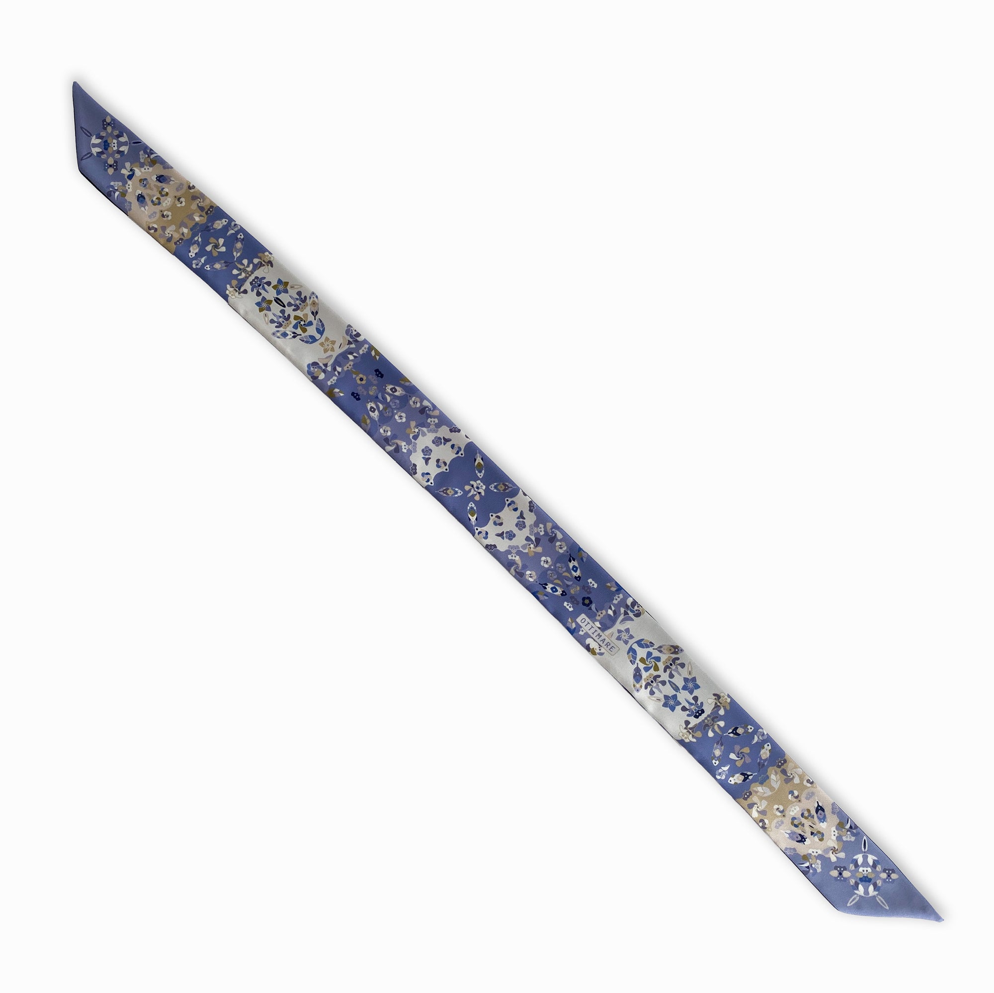 Navy and future blue and white patterned Ottimare twilly scarf that has two different sides. The ribbon tie has yellow accents and is handmade from sustainable eco twill in Made and designed in The Netherlands.
